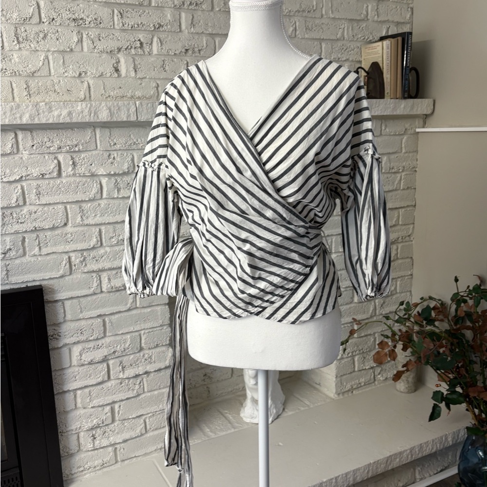 Max Studio 100% Cotton Striped Faux Wrap Tie Waist Blouse S